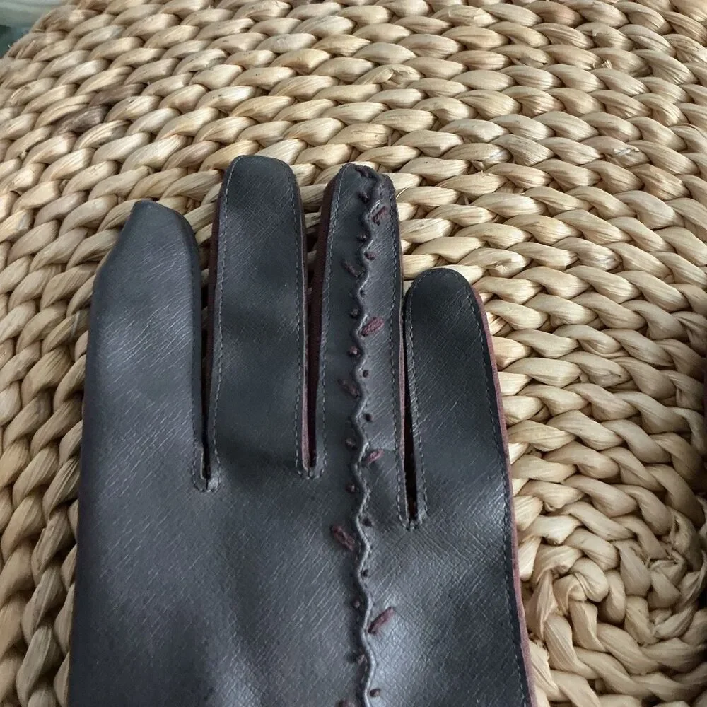 Women’s Black Faux Leather Gloves Burgundy Trim Hand Stitched Size 7